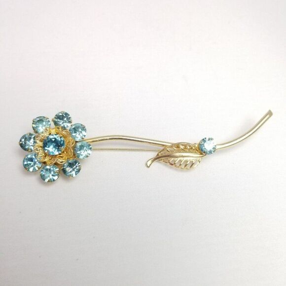 Vintage Blue Rhinestone Long Stem Flower Brooch, Gold Tone Setting, Estate - Picture 3 of 7